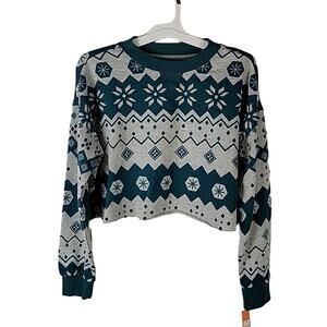 Colsie Long Sleeve Crop Sweatshirt, Grey & Green Print, Size S, NWT